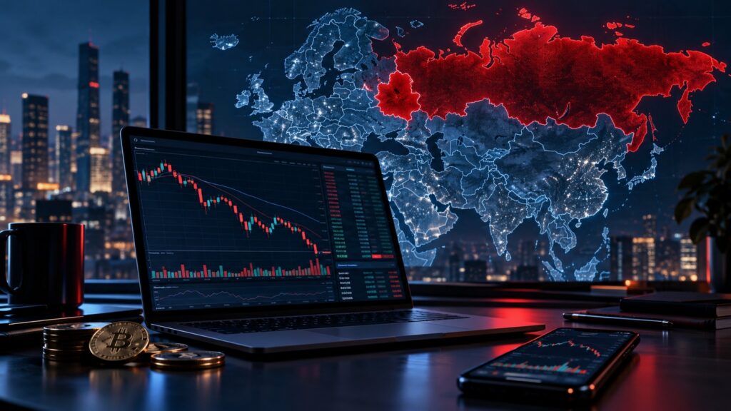 Ноутбук с биржевым графиком и картой России и Беларуси на тёмном фоне — обложка к новости о прекращении обслуживания KuCoin