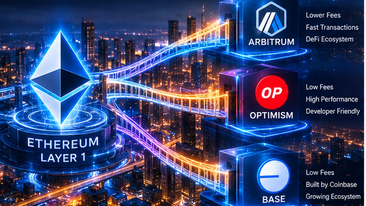 Ethereum и три сети второго уровня Arbitrum, Optimism и Base, соединённые световыми каналами