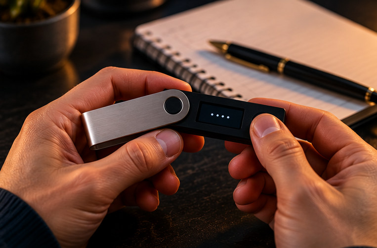 Пользователь держит аппаратный Ledger Nano X и проверяет его экран при настройке