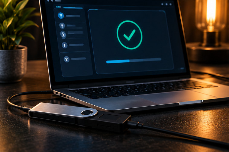 Ноутбук с условным экраном успешной проверки устройства Ledger Wallet и аппаратным кошельком