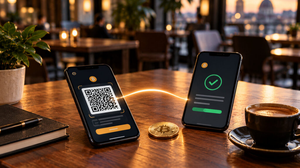 Lightning Network для быстрых платежей Bitcoin: два смартфона с QR-счётом и подтверждением оплаты в кафе