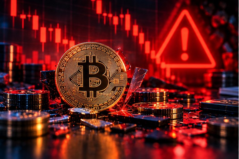 Монета Bitcoin на фоне падающего графика и красного предупреждения о ликвидации позиции