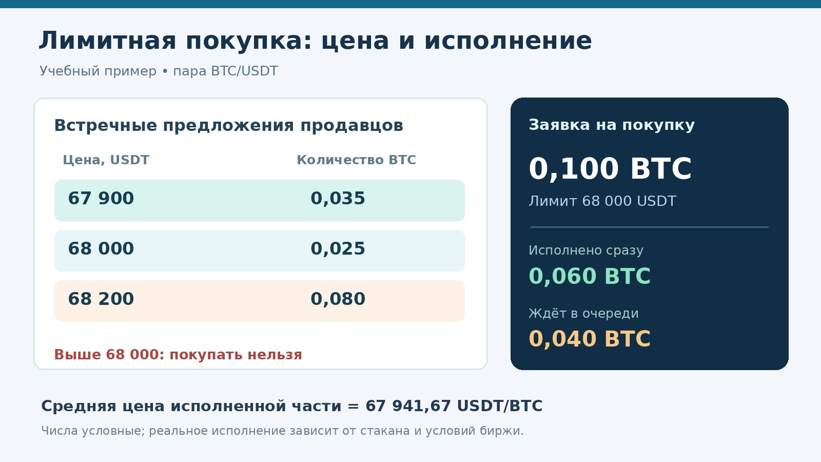 Учебная схема лимитной покупки 0,1 BTC: исполнено 0,06 BTC по ценам 67 900 и 68 000 USDT, остаток 0,04 BTC в очереди