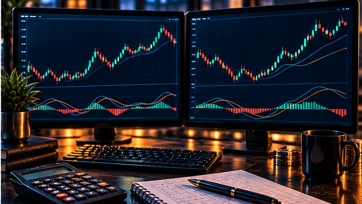 Анализ криптовалюты на торговых мониторах с графиками MACD и сигнальной линией