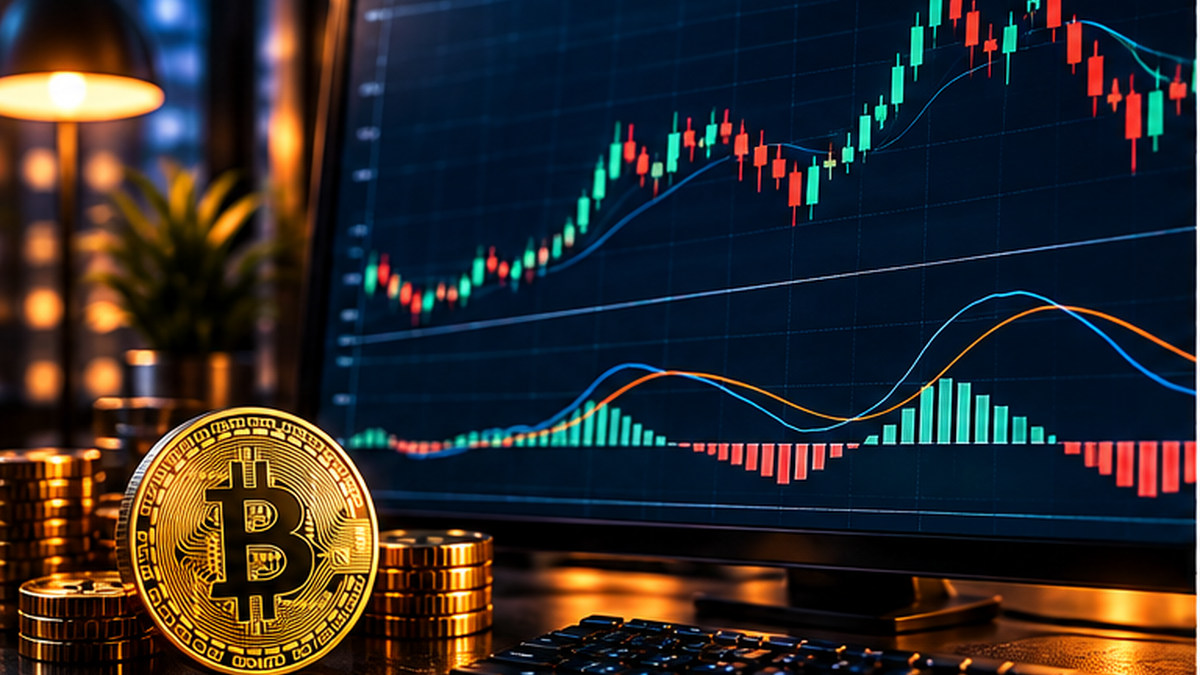 Индикатор MACD на графике Bitcoin: линии скользящих средних и гистограмма под ценой