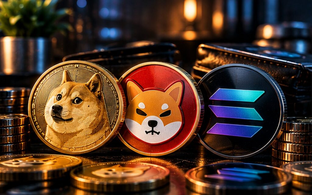 Монеты Dogecoin, Shiba Inu и Solana на тёмном фоне — мемкоины и их блокчейн-экосистемы