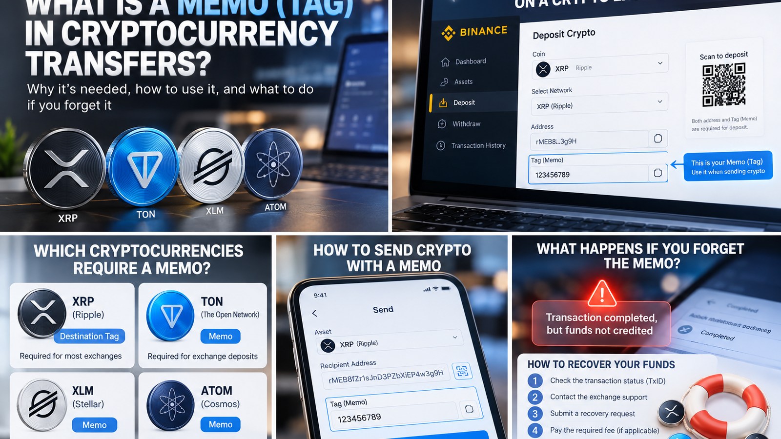 Учебная иллюстрация окна биржевого депозита с адресом XRP и отдельным полем Tag Memo