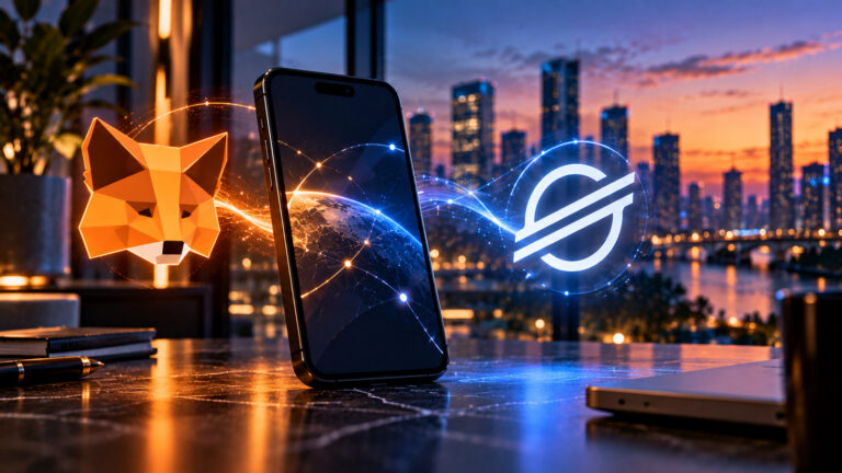 Редакционная иллюстрация интеграции Stellar в MetaMask: смартфон, символы двух экосистем и световые сетевые соединения; не скриншот интерфейса кошелька