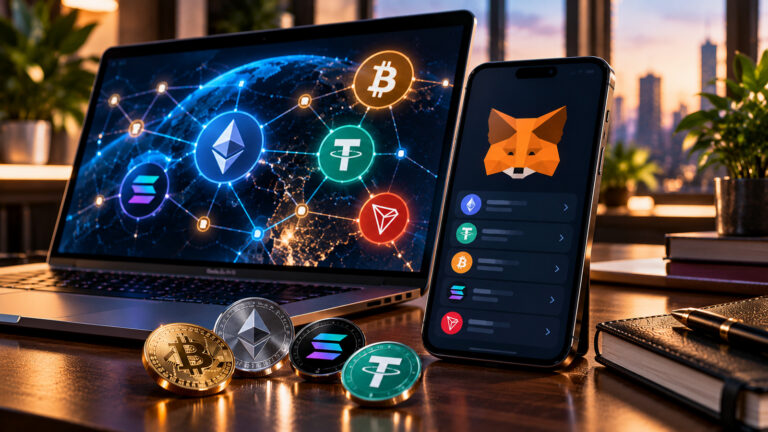 MetaMask: мультисетевой криптокошелёк с логотипом лисы на смартфоне, Ethereum, Bitcoin, Solana, TRON и USDT, редакционная обложка