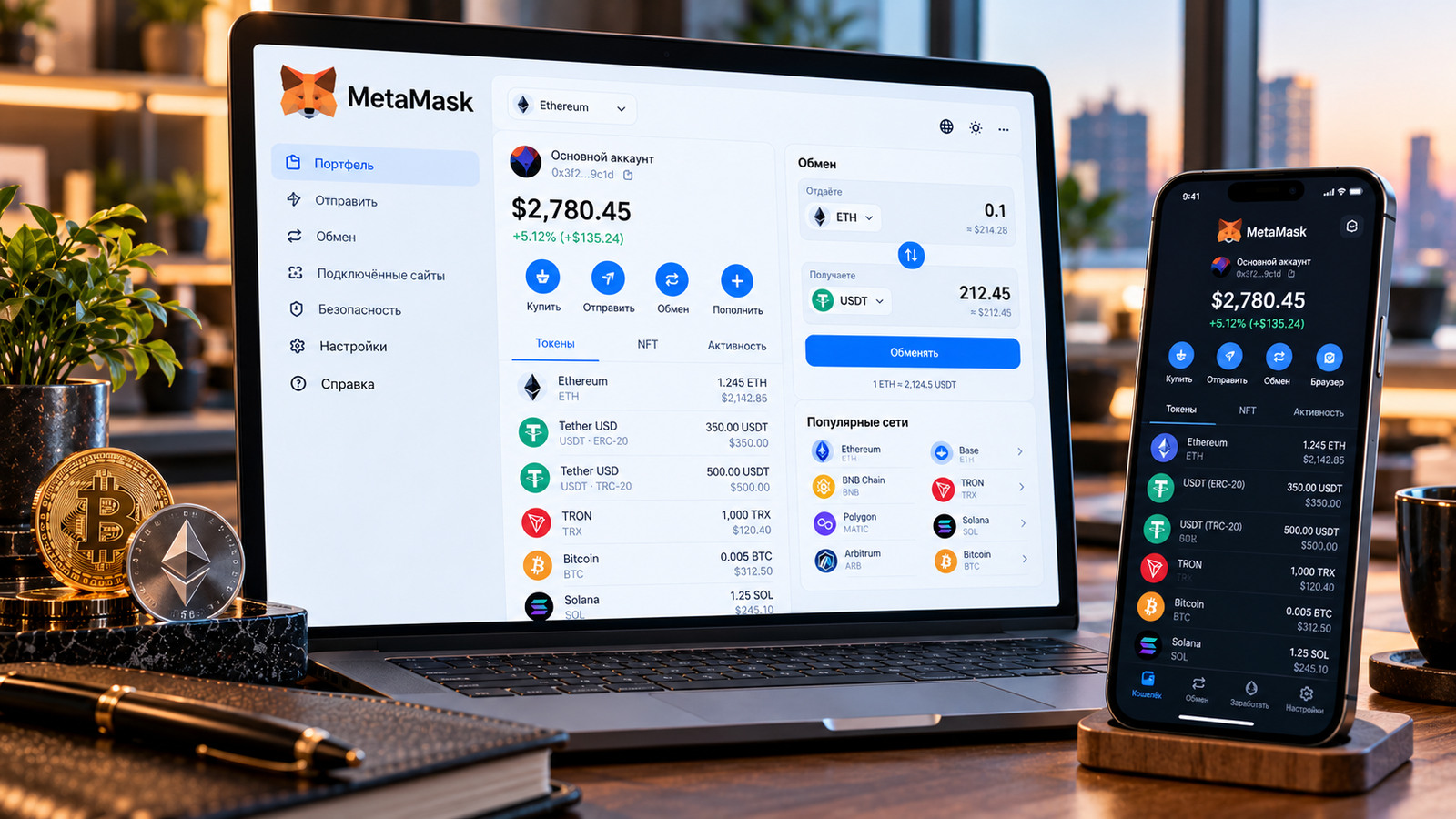 Иллюстрация кошелька MetaMask в расширении браузера и на смартфоне: примеры токенов, сетей и кнопок действий