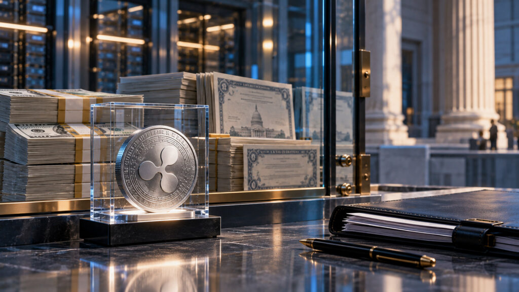 Редакционная иллюстрация: символ Ripple USD перед банковским резервом из долларовых средств и финансовых бумаг, без изображения реального документа Moody’s