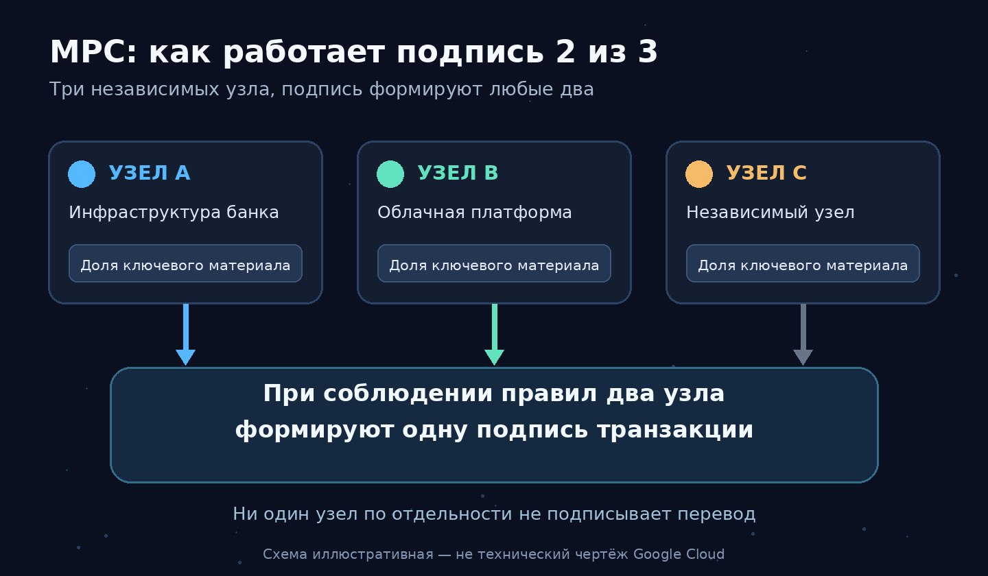Условная схема MPC: три независимых узла хранят доли ключевого материала, две стороны совместно формируют цифровую подпись