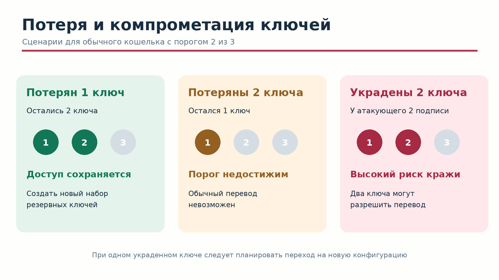 Матрица потери одного или двух ключей и компрометации подписантов в схеме 2 из 3