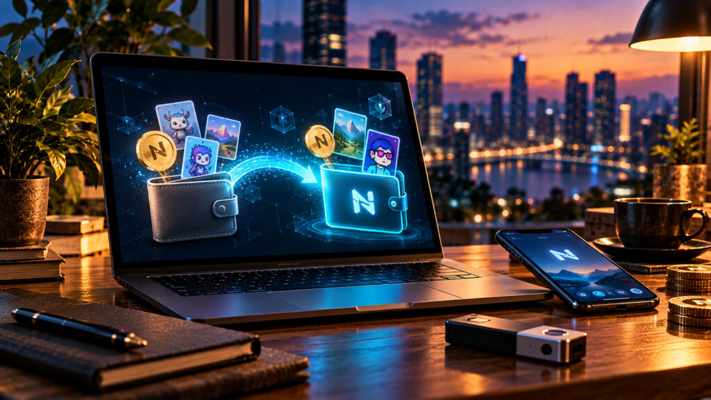 Переход MyNearWallet на новый кошелёк NEAR: ноутбук с переводом токенов и NFT, аппаратный кошелёк на столе