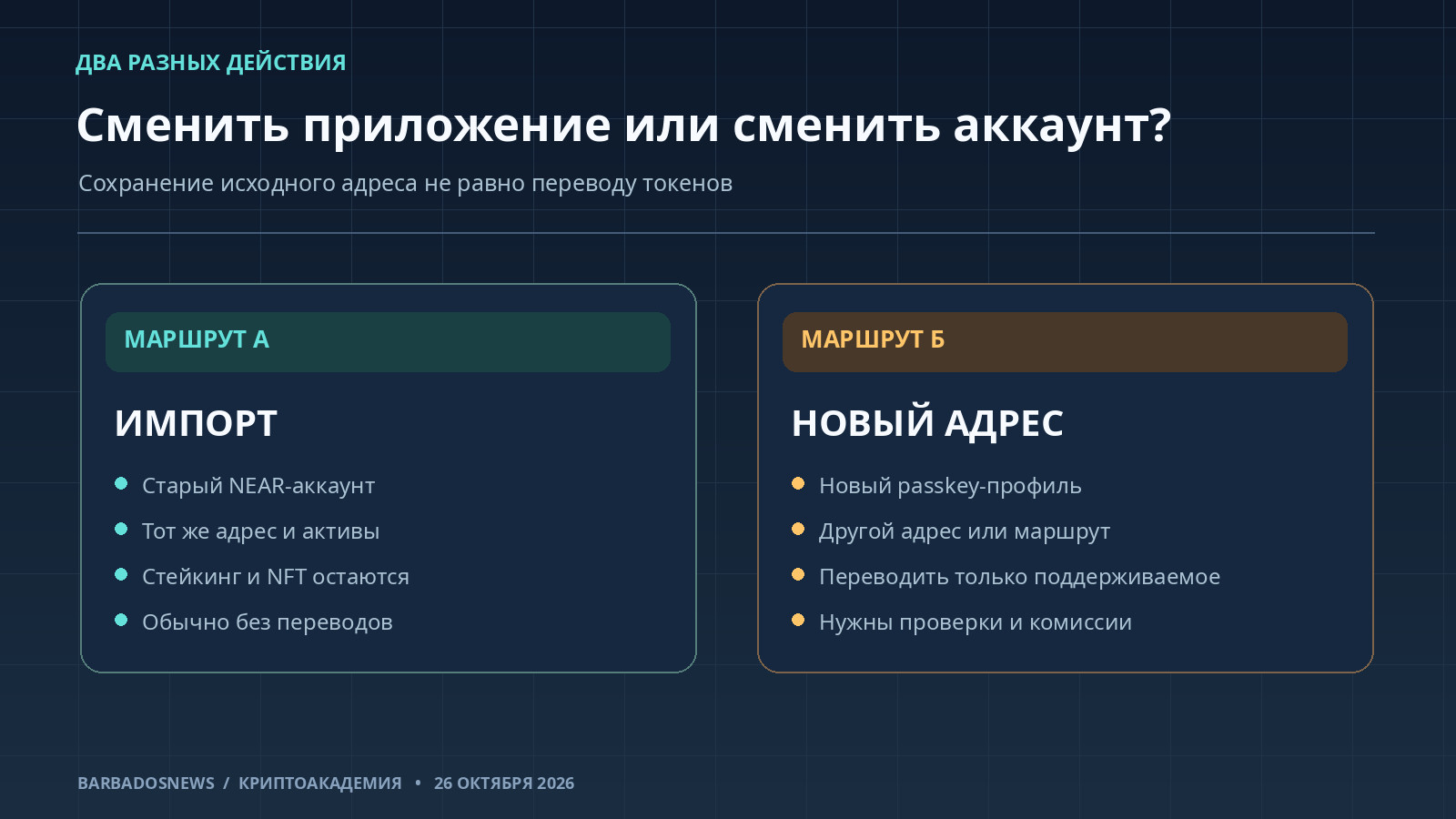Два маршрута перехода с MyNearWallet: импорт прежнего NEAR-аккаунта или создание нового адреса с passkey