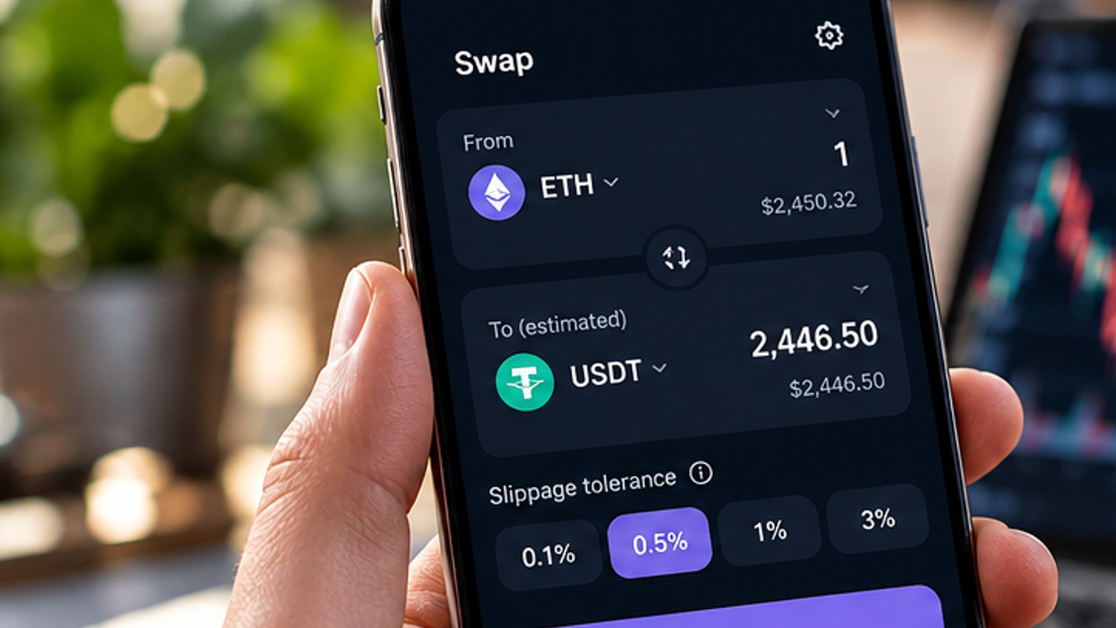 Фотографический учебный макет смартфона с экраном обмена ETH на USDT и выбором допустимого проскальзывания