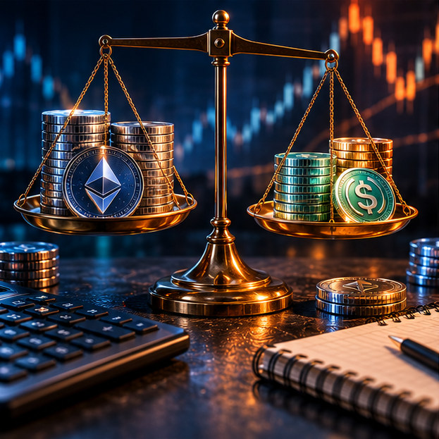 Весы с Ethereum и стейблкоином иллюстрируют изменение соотношения активов и непостоянные потери