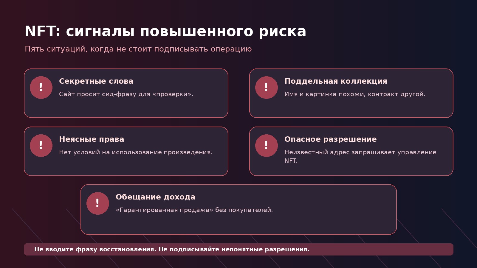 Признаки опасного NFT: запрос сид-фразы, поддельная коллекция, сомнительная лицензия и вредоносное разрешение