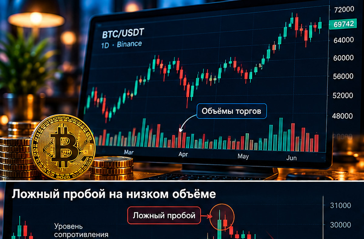 Индикатор объёма криптовалюты под свечным графиком BTC и визуализация торговой активности