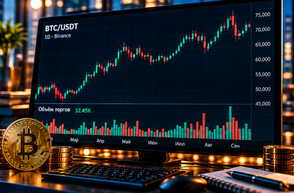 Объёмы торгов Bitcoin на криптовалютном графике: свечи цены и столбцы торгового оборота