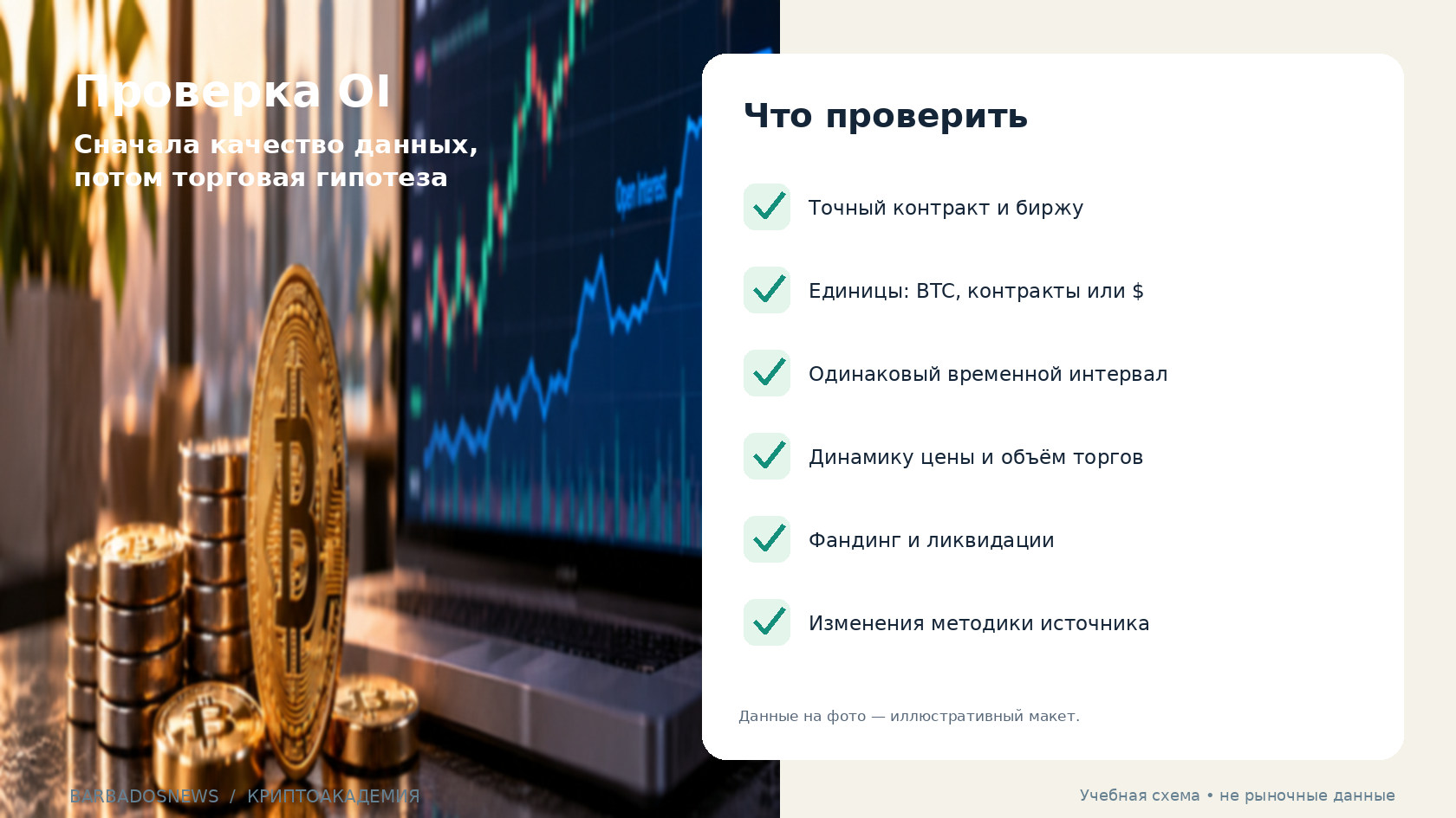 Проверочный список для анализа OI: контракт, единицы измерения, время, объём, фандинг, ликвидации и методика данных