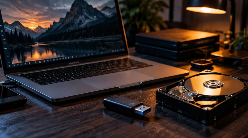 Старый компьютер, жёсткий диск и USB-накопитель для поиска резервной копии биткоин-кошелька