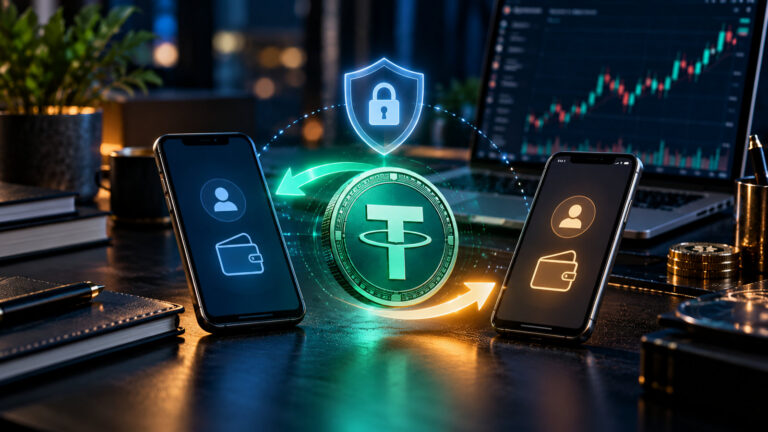 P2P-торговля криптовалютой: смартфоны покупателя и продавца USDT, цифровая монета и символ защиты сделки