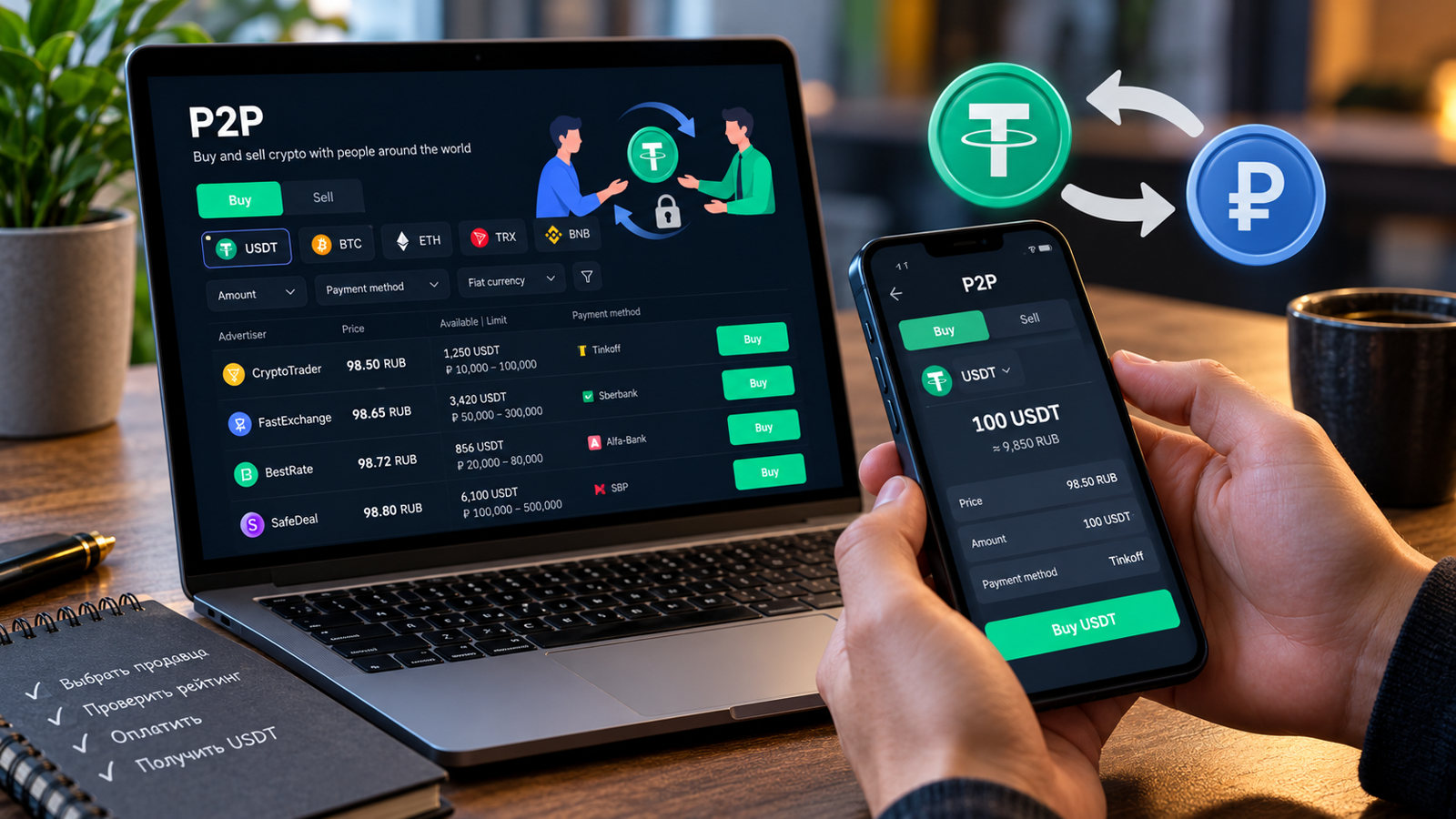 Учебная визуализация покупки USDT через P2P: выбор объявления и оплата с телефона