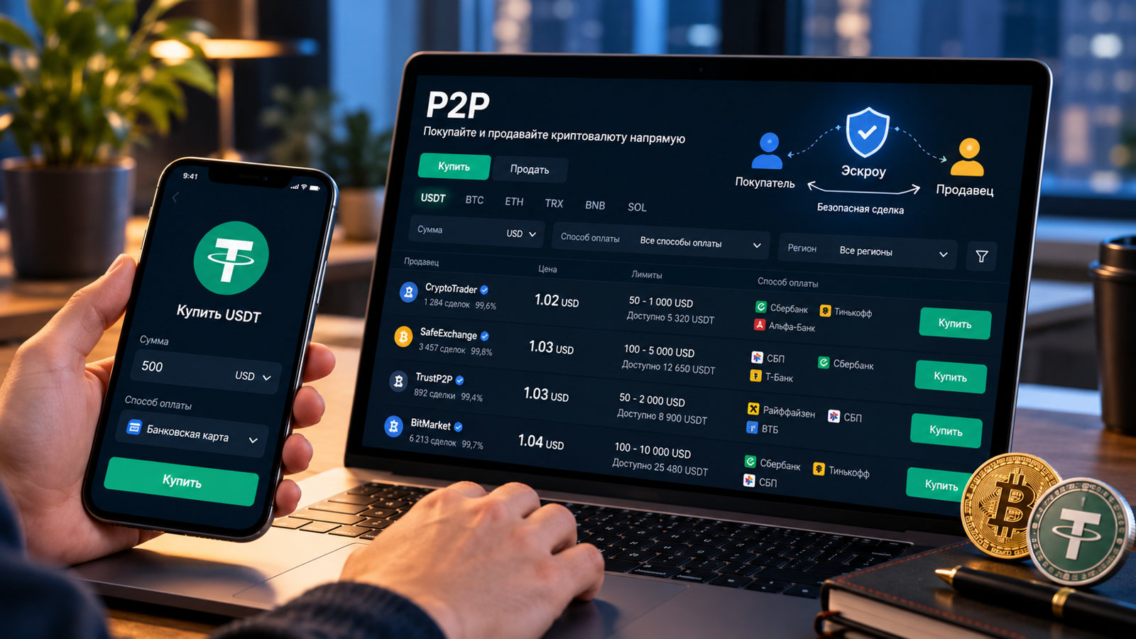 Учебная визуализация P2P-обмена USDT на экране ноутбука и смартфона с предложениями участников