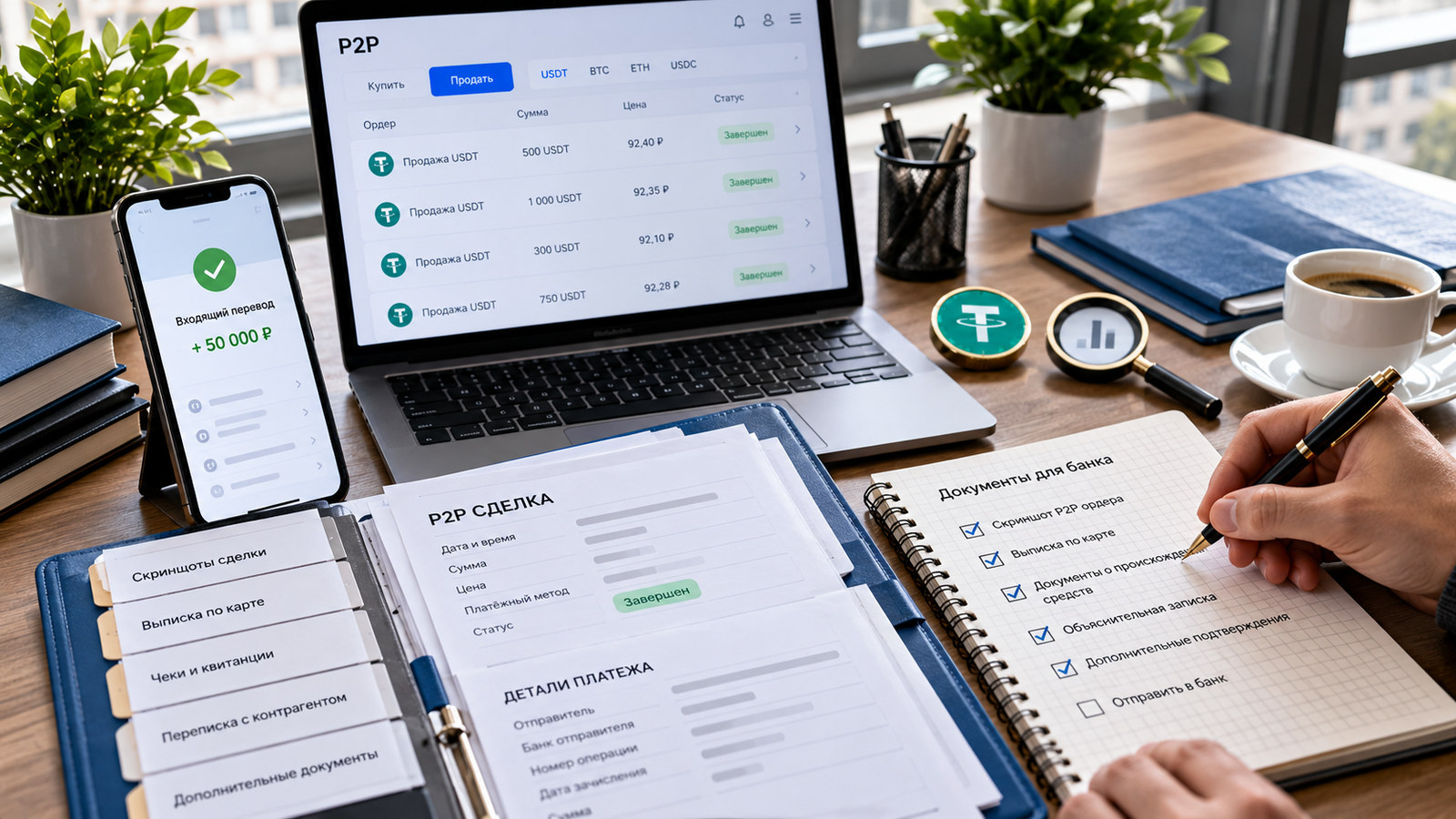 Подготовка документов после продажи USDT через P2P: ордер, банковская выписка, источник токенов и пояснение в банк