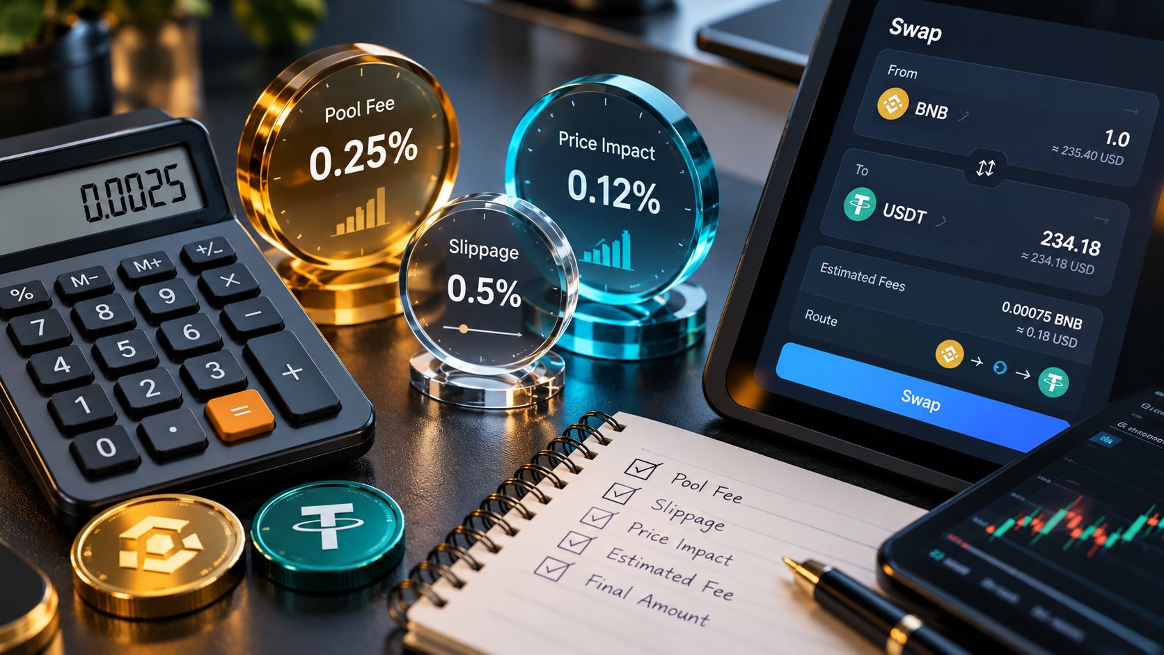 Комиссия пула PancakeSwap, сетевой gas, проскальзывание и Price Impact