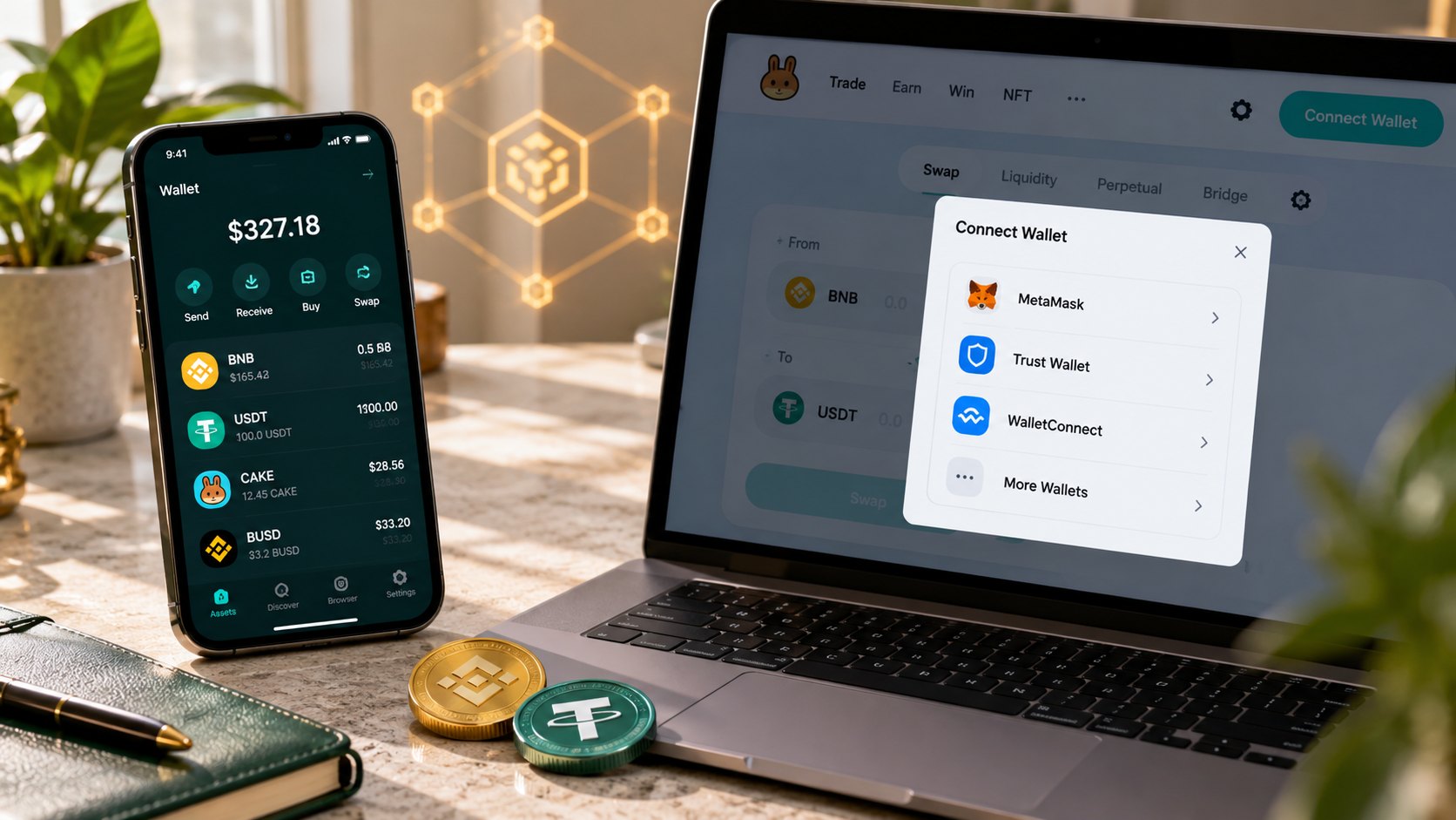 Подключение Trust Wallet или MetaMask к PancakeSwap для обмена BNB и USDT