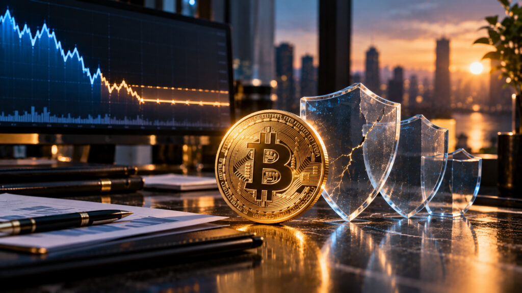 Концептуальная обложка к статье о BlackRock PBIT: монета Bitcoin, прозрачные треснувшие защитные щиты и график падения цены; не реальный интерфейс ETF