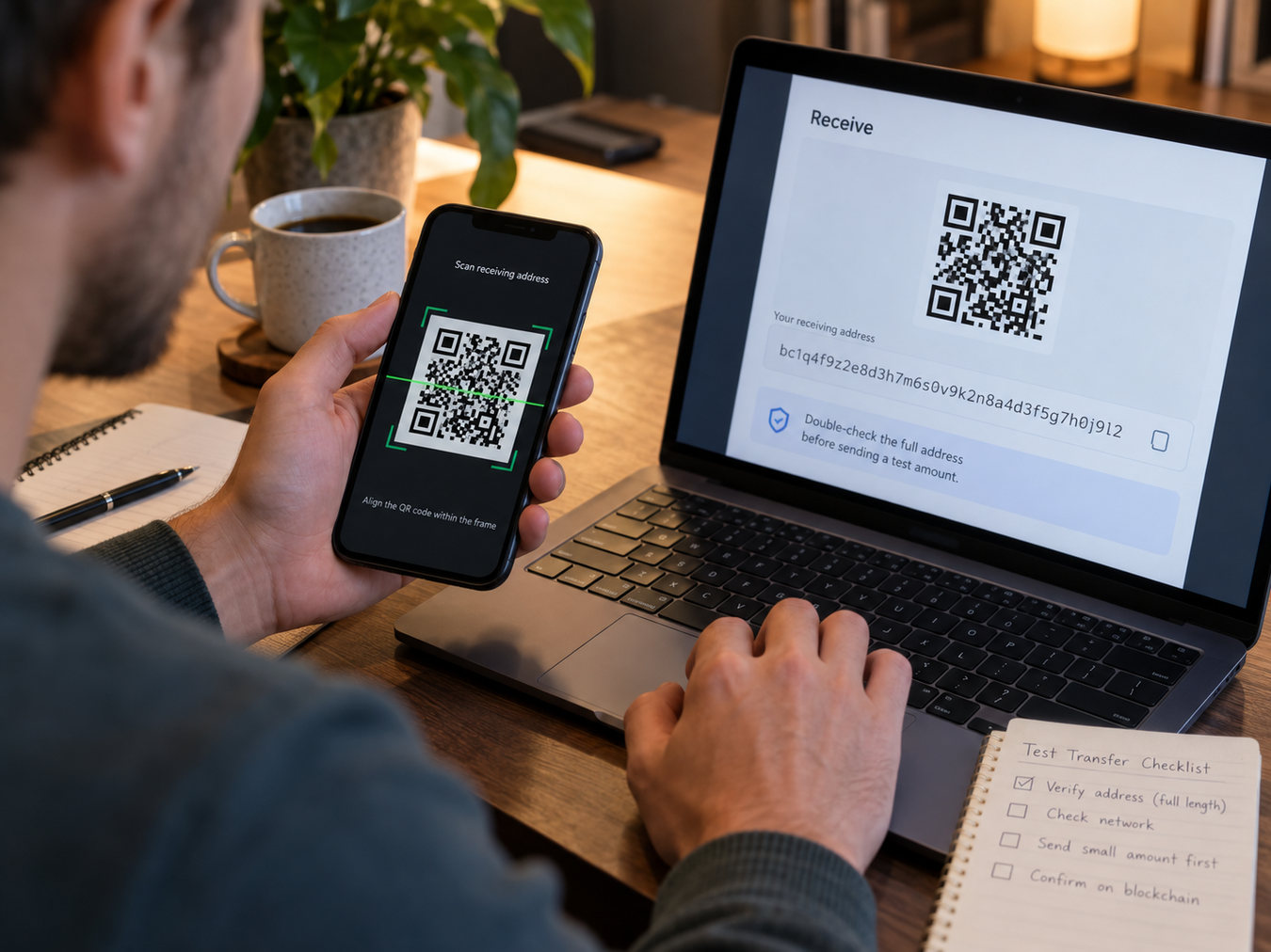 Проверка адреса получения криптовалюты и QR-кода перед тестовым переводом