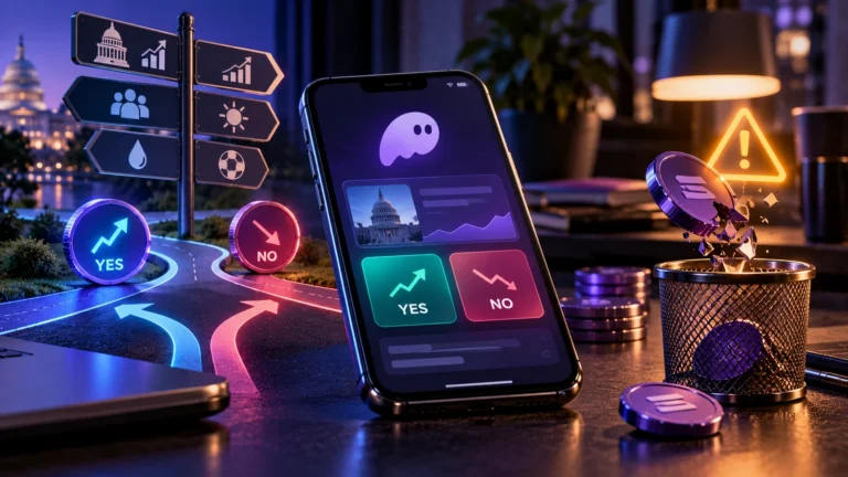 Phantom и Kalshi: концептуальная обложка рынков предсказаний, смартфон с Yes/No и предупреждение о потере токена