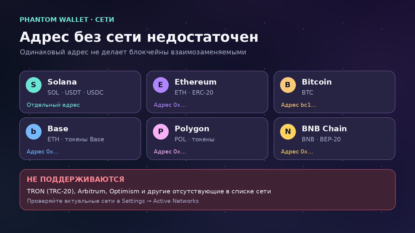Phantom Wallet: проверка сетей Solana, Ethereum, Bitcoin, Base, Polygon и BNB Chain перед переводом