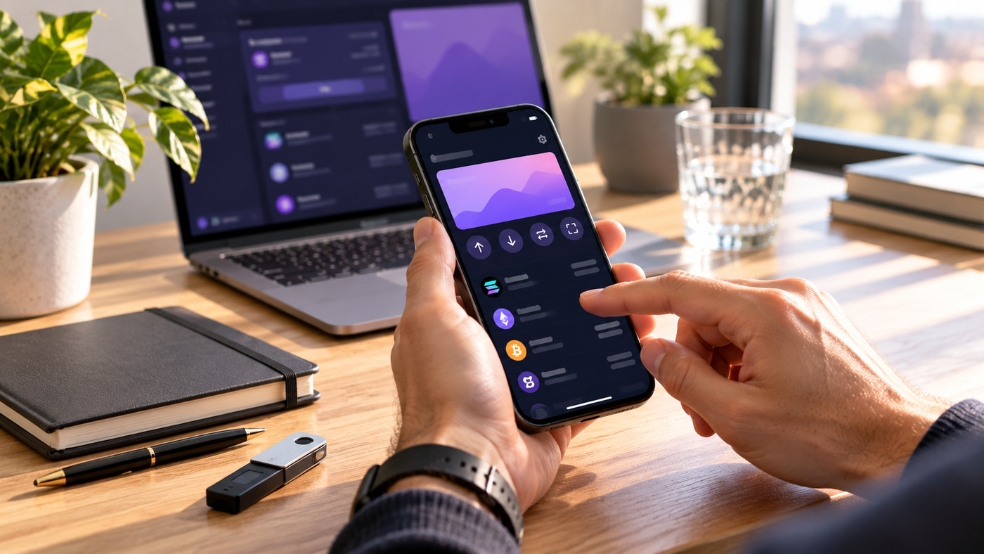 Phantom Wallet на смартфоне: иллюстрация первого использования кошелька на рабочем столе с ноутбуком