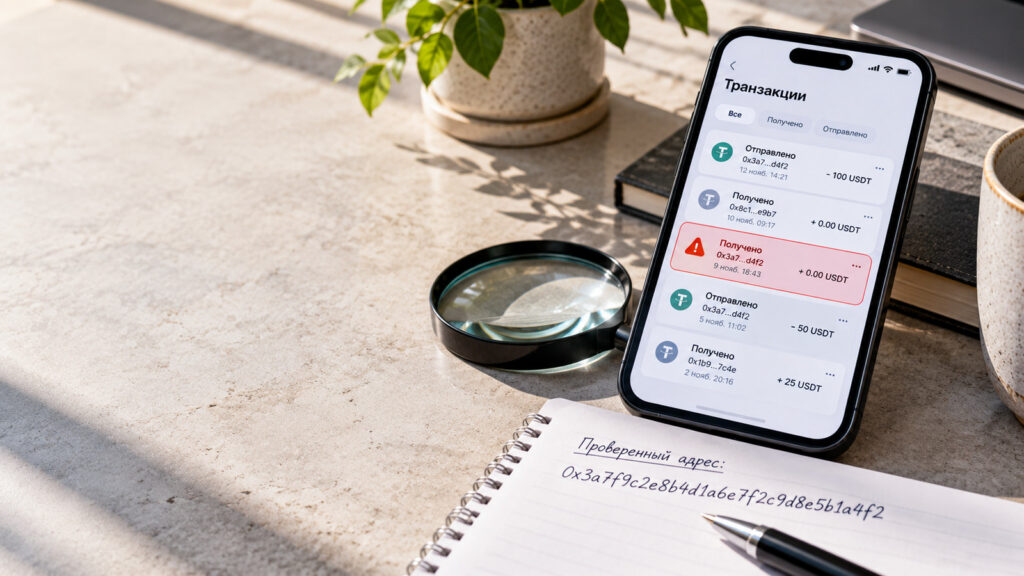 Подмена адреса криптокошелька: смартфон с подозрительной нулевой транзакцией USDT и проверка адреса