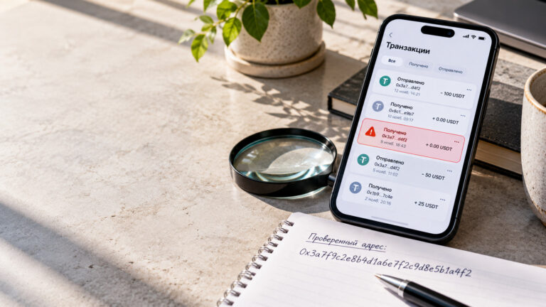 Подмена адреса криптокошелька: смартфон с подозрительной нулевой транзакцией USDT и проверка адреса