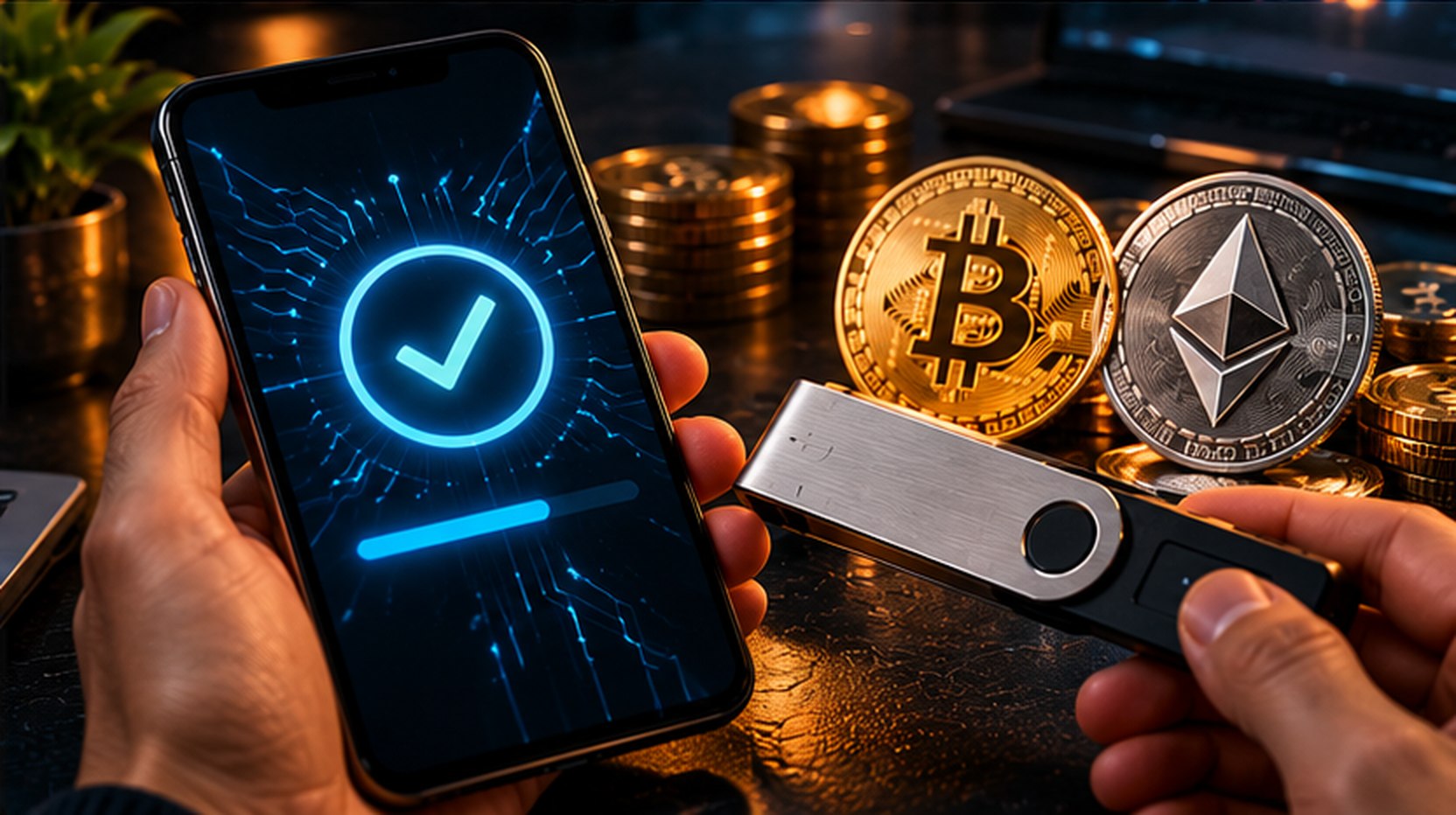 Подтверждение криптовалютной транзакции на смартфоне с аппаратным кошельком и монетами Bitcoin и Ethereum