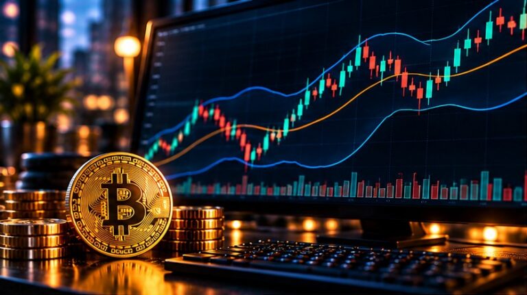 Полосы Боллинджера на графике Bitcoin: средняя линия и верхняя и нижняя границы волатильности
