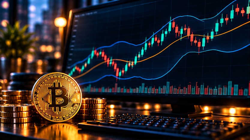 Полосы Боллинджера на графике Bitcoin: средняя линия и верхняя и нижняя границы волатильности