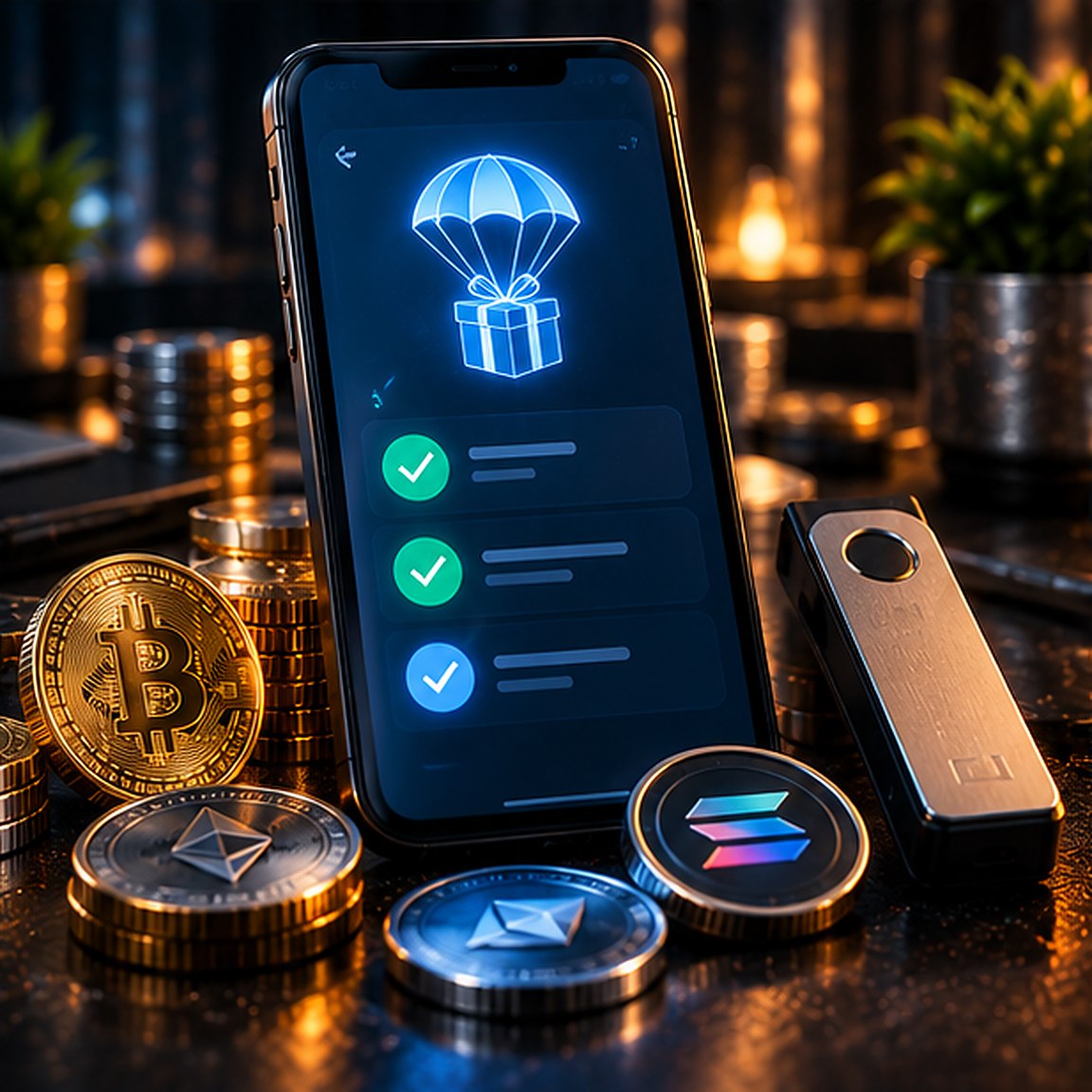 Смартфон с условными отметками получения токенов рядом с аппаратным криптокошельком