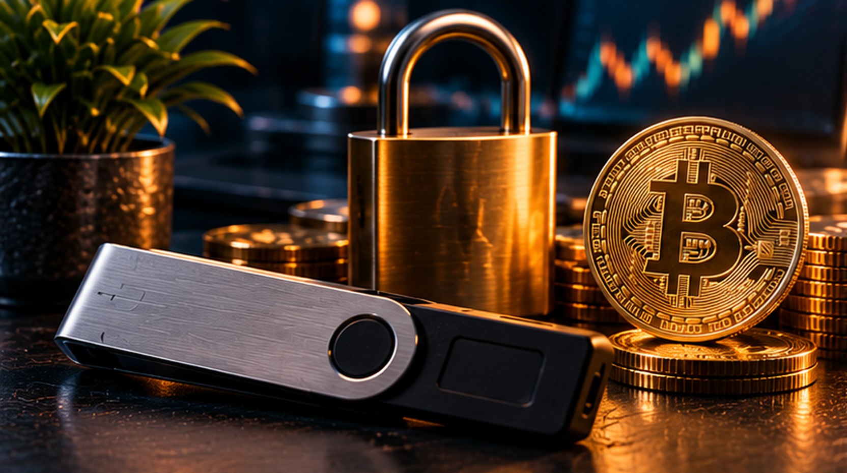 Аппаратный криптокошелёк, замок и монета Bitcoin как иллюстрация хранения приватного ключа