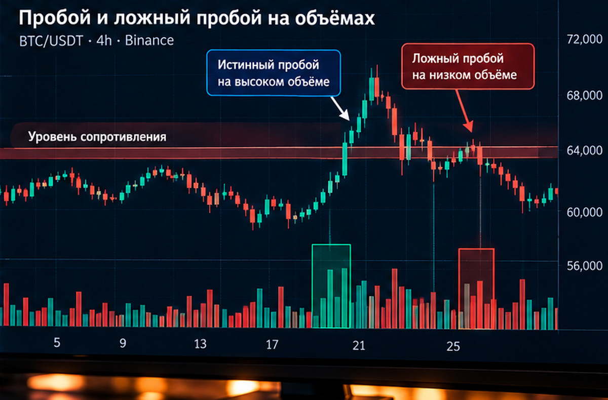 Пробой и ложный пробой на объёмах криптовалют: график цены и столбцы исполнения сделок