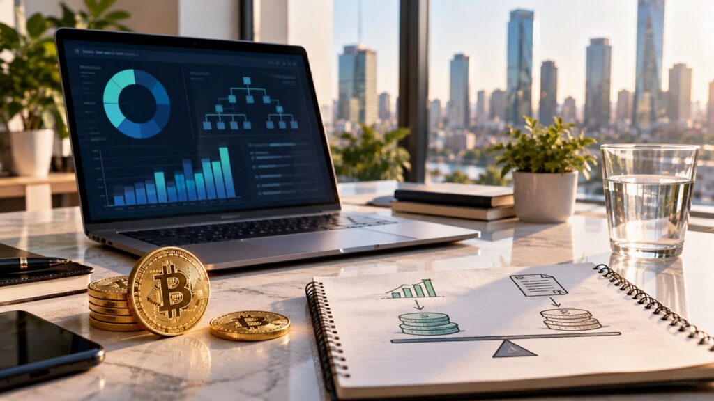 Подтверждение резервов криптобиржи: Bitcoin, график активов и обязательств в светлом кабинете