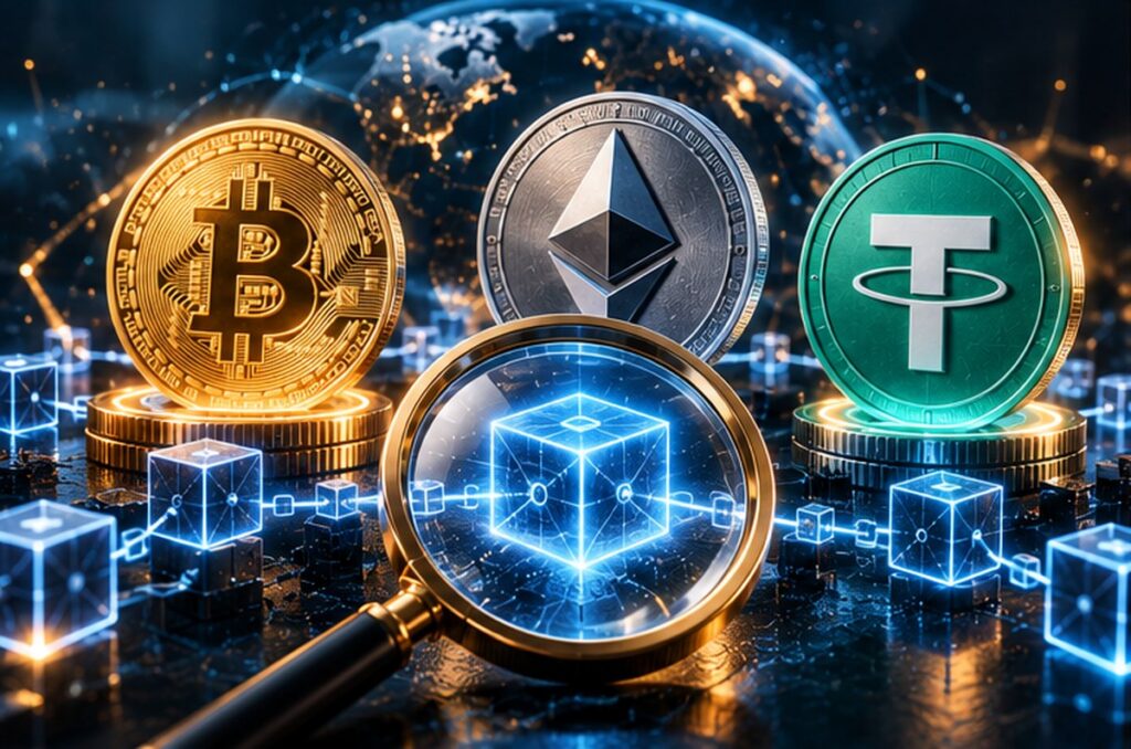 Проверка транзакции криптовалюты по хешу: символы Bitcoin, Ethereum и USDT на фоне блокчейна