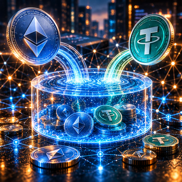 Токены Ethereum и USDT поступают в светящийся резерв пула ликвидности