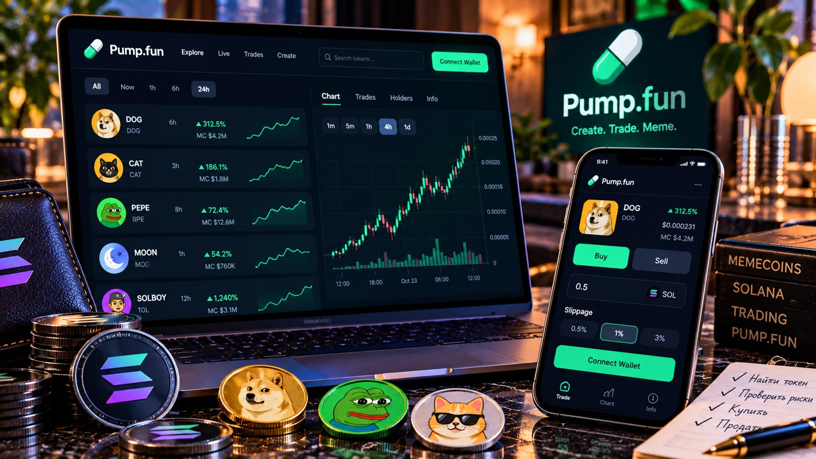 Условная торговая карточка Pump.fun: поиск токена по адресу, покупка и продажа