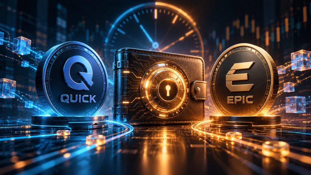 Binance удалила QUICK и EPIC: концептуальная иллюстрация криптокошелька с токенами и часами